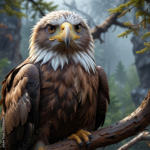 majestic eagle perched on branch with nictitating eyelids partially covering left eye, majestic eagle, nictitating eyelids, perched bird photo