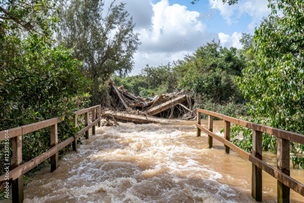 Fototapeta premium Collapsed bridge surrounded by rushing water and lush greenery. scene captures aftermath of flooding, evoking sense of nature power