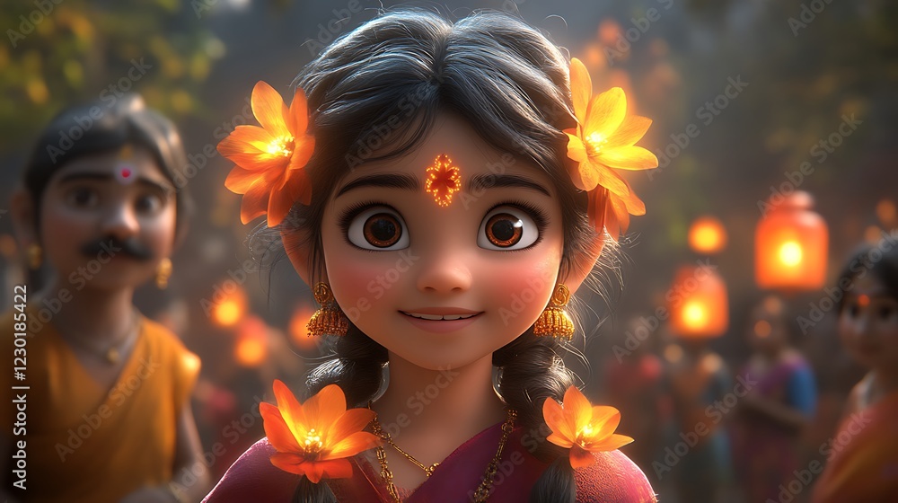 Animated Girl Adorned With Flowers and Festive Lights Animated Girl Adorned With Flowers and Festive Lights
