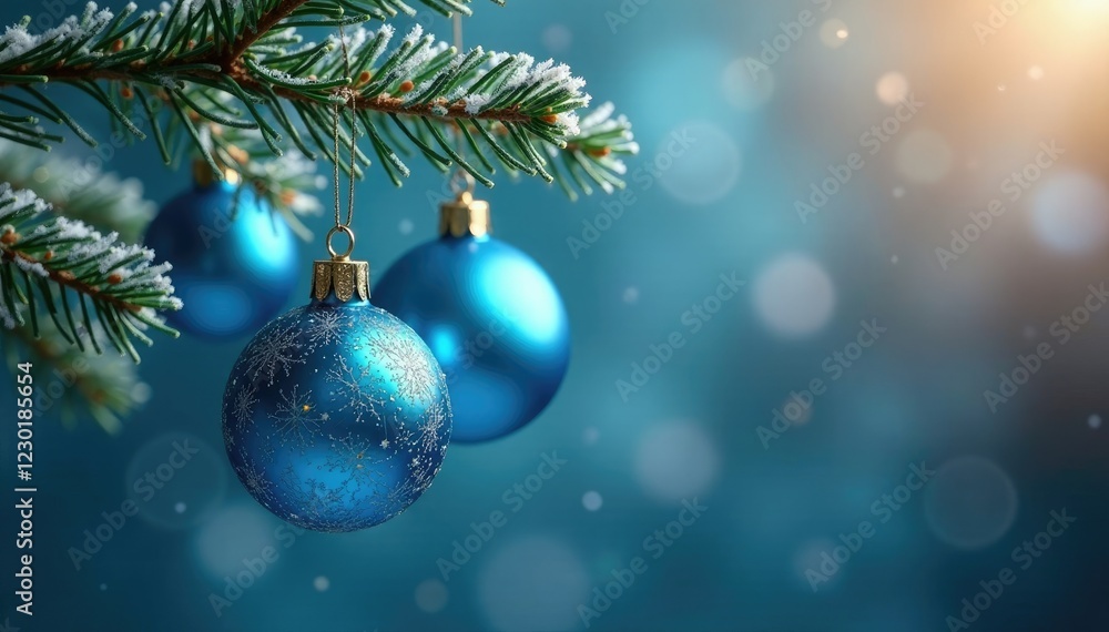 Sparkling blue baubles hang from a frosty fir branch, decoration, evergreen branches Sparkling blue baubles hang from a frosty fir branch, decoration, evergreen branches