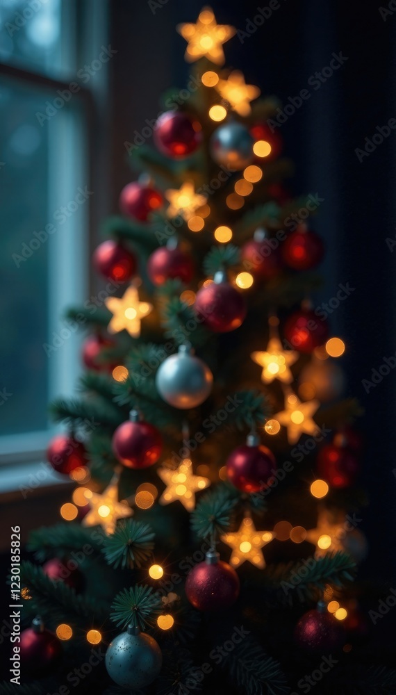 Sparkling fairy lights weave through Christmas tree branches with ornaments, christmas, fairy, festively Sparkling fairy lights weave through Christmas tree branches with ornaments, christmas, fairy, festively