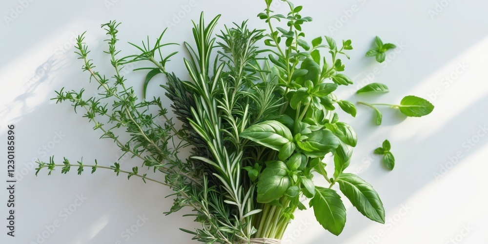 Fresh Herbs Bundle Basil Rosemary Thyme and Mint Culinary Ingredients. Fresh Herbs Bundle Basil Rosemary Thyme and Mint Culinary Ingredients.