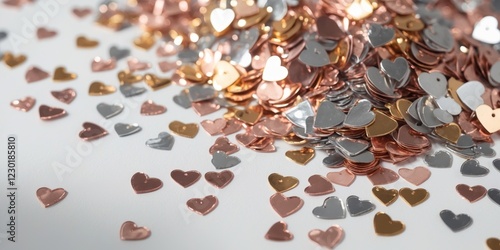 Scattered tiny heart sequins in various metallic colors create festive look. photo