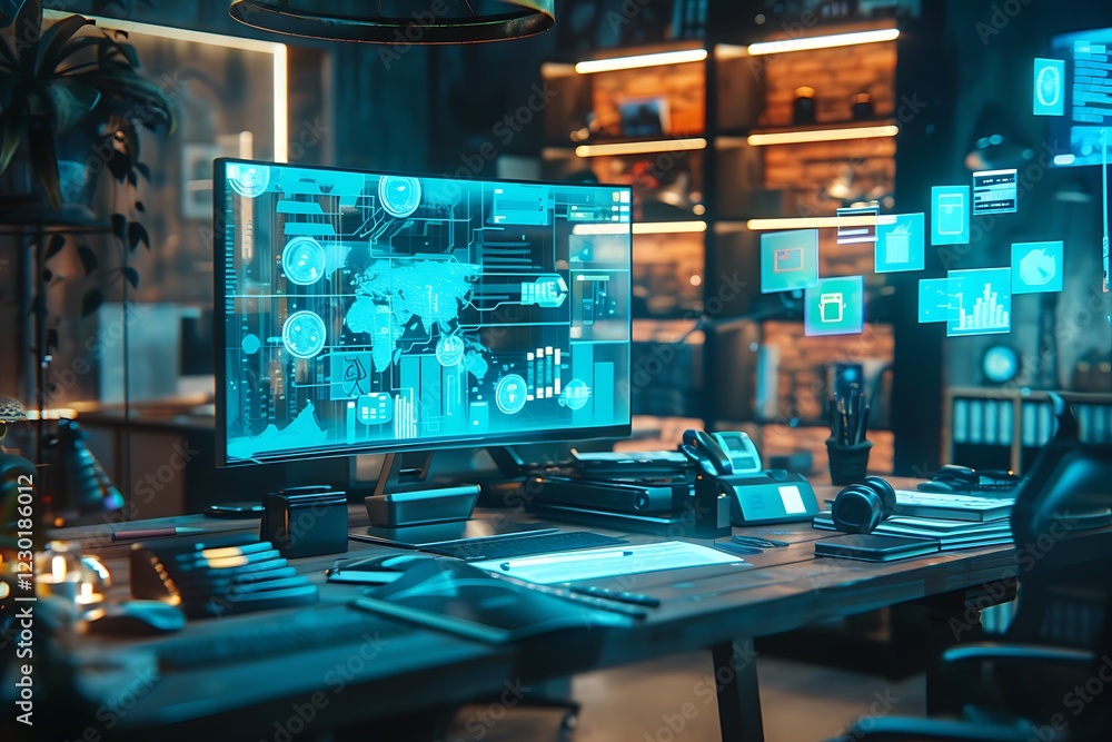 Naklejka premium Futuristic Tech Workspace Data Analytics, Global Network, Cybersecurity