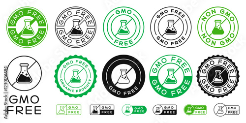 Non Gmo Free Badges Signs Set. Collection Of Eco Bio Labels. Natural Product Patch Logo. Organic Food Sticker Emblem. Chemistry Flask Icon.