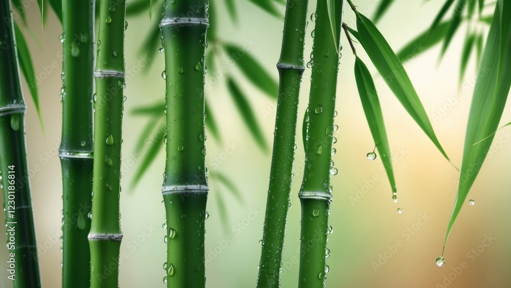 Fototapeta premium Close Up of Green Bamboo Stalks with Water Droplets.