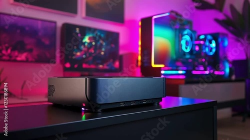 a gaming console with neon lights and decorated room
