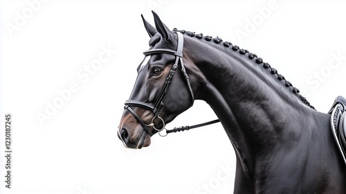 Black dressage horse with braided mane in elegant profile.