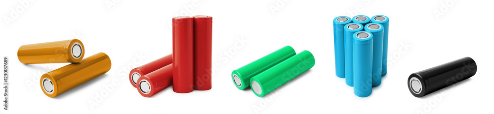 AA alkaline batteries in different colors isolated on white, set AA alkaline batteries in different colors isolated on white, set
