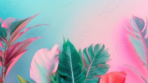 Creative fluorescent color layout made of tropical leaf