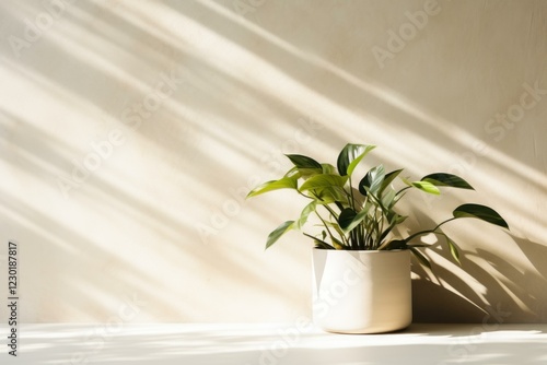 Potted philodendron bipennifolium plant standing on a white table with sunlight creating shadows on a beige wall photo