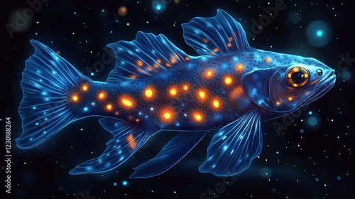 A vector illustration of a bioluminescent lanternfish skin texture with glowing spots in deep-sea darkness. photo