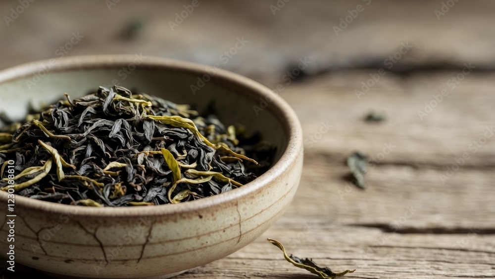 Fototapeta premium Tea leaves in a bowl with natural textures and space for custom text ideal for tea related content and product promotion.