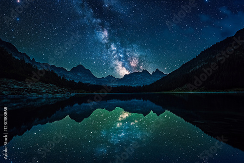 Foto Nighttime landscape showcases shimmering water under a canvas of stars and glowi