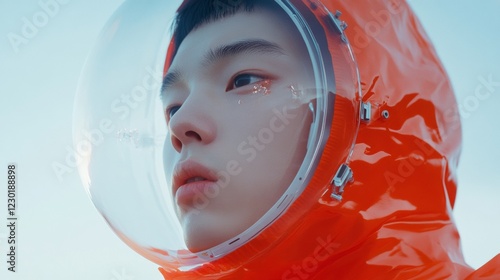 Futuristic Holographic Insight Asian Adult in Metallic Spacesuit with Teary Gaze - Emotional Tech Art for Contemporary Marketing and Cultural Branding photo