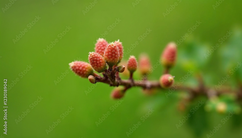 Small young red larch cones close up on blurred green background, spring plant growth Small young red larch cones close up on blurred green background, spring plant growth