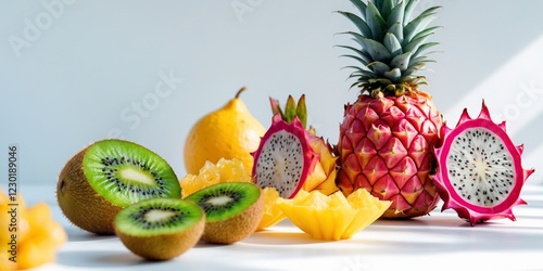 Fototapeta Naklejka Na Ścianę i Meble -  Bright and vibrant display of exotic fruits showcasing unique textures and colors.
