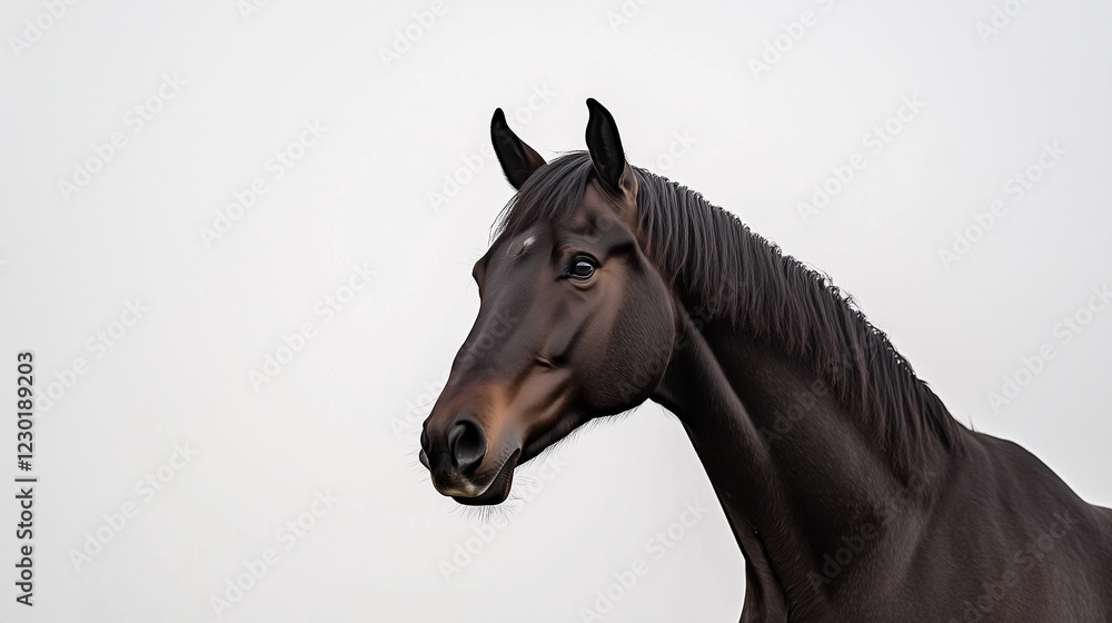Fototapeta premium Dark bay horse looking at camera on white background.