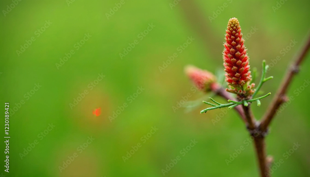 Small young red larch cones close up on blurred green background, spring plant growth Small young red larch cones close up on blurred green background, spring plant growth