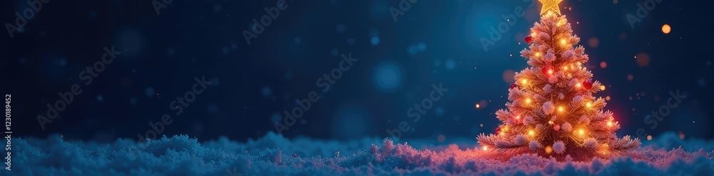 A glowing Christmas tree with golden and red particles on a dark blue background shines brightly, winter wonderland, deep blue background A glowing Christmas tree with golden and red particles on a dark blue background shines brightly, winter wonderland, deep blue background