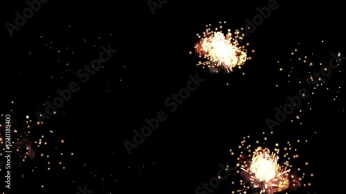 Multiple impact explosions with fire and smoke on a black background.