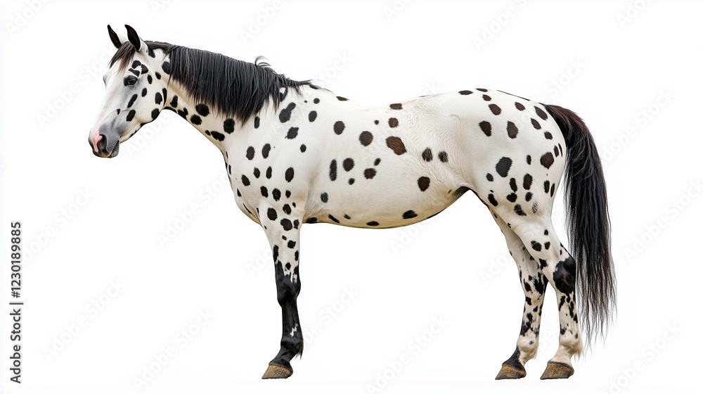 Full-body side view of an Appaloosa horse on white background.