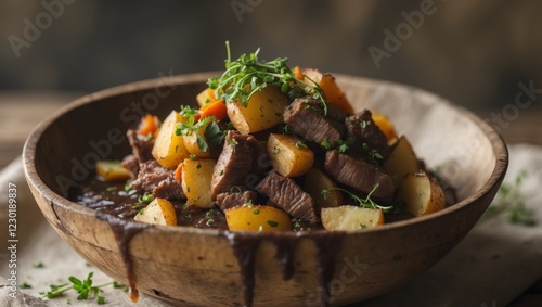 Delicious Beef and Vegetable Hash in a Rustic Wooden Bowl. photo