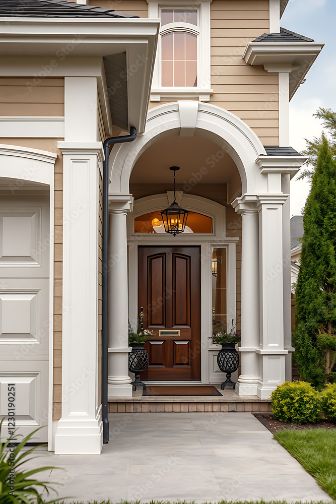 Elegant Home Entrance with Classic Columns and Landscaping. Luxury Real Estate Property with Beautiful Facade and Curb Appeal. Elegant Home Entrance with Classic Columns and Landscaping. Luxury Real Estate Property with Beautiful Facade and Curb Appeal.