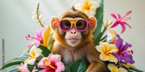 Cute Monkey in Sunglasses Tropical Flowers Background