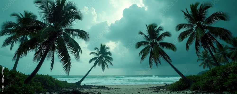 Obraz premium Coconut trees breaking in the midst of a powerful storm, wind, branches