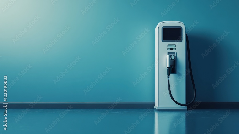 Modern electric vehicle charging station against a blue wall. Modern electric vehicle charging station against a blue wall.