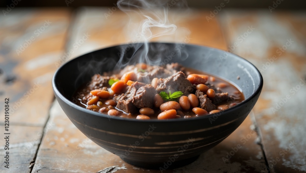 Fototapeta premium Close up of a hearty bean and beef stew in black bowl on a wooden table.