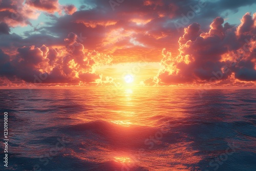 Fototapeta Naklejka Na Ścianę i Meble -  Vibrant sunset over calm ocean waters with colorful clouds reflecting golden light