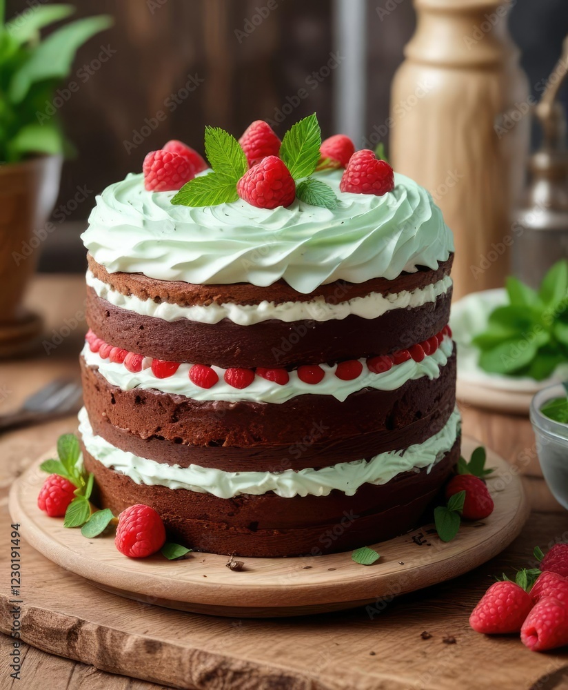 Ornate chocolate layer cake with creamy whipped frosting, raspberry filling, and mint leaf garnish on a wooden dessert table, custom bakery, special treat Ornate chocolate layer cake with creamy whipped frosting, raspberry filling, and mint leaf garnish on a wooden dessert table, custom bakery, special treat