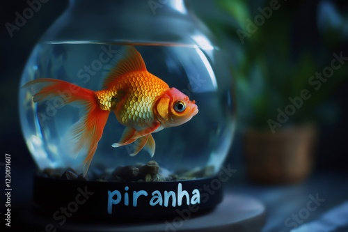 Goldfish swimming in round fishbowl labeled piranha, concept of mislabeling or misidentification photo