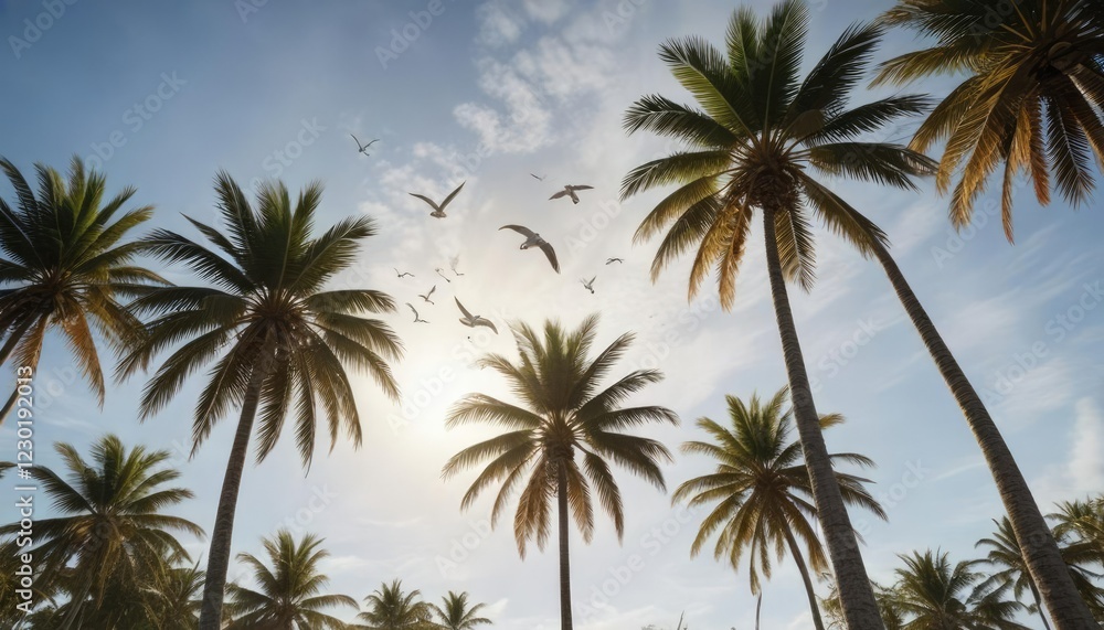 Seagulls fly overhead amidst swaying palm trees, palm trees, , ocean view Seagulls fly overhead amidst swaying palm trees, palm trees, , ocean view