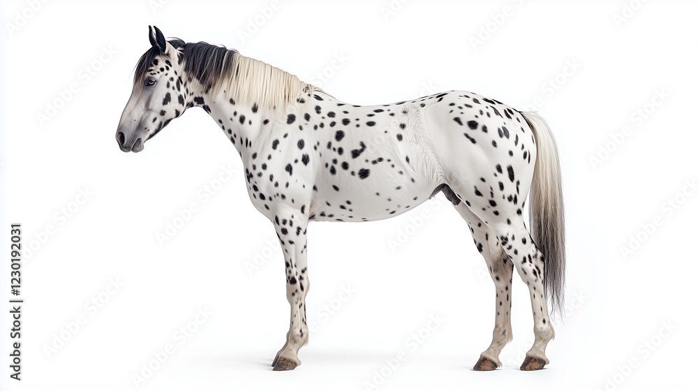 Spotted horse with black and white coat standing. Spotted horse with black and white coat standing.