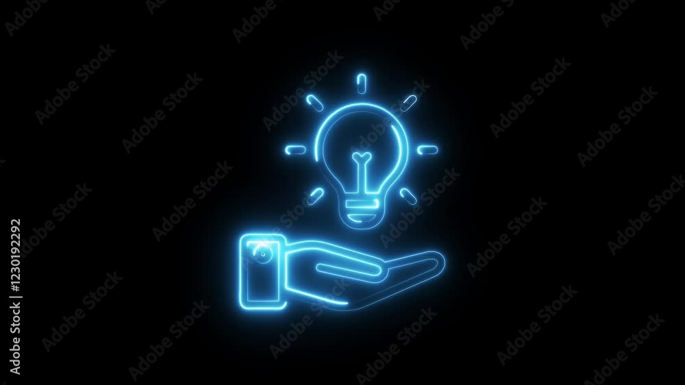 Lamp on open hand with light bulb neon and black background.Glowing neon Idea icon isolated Lamp on open hand with light bulb neon and black background.Glowing neon Idea icon isolated