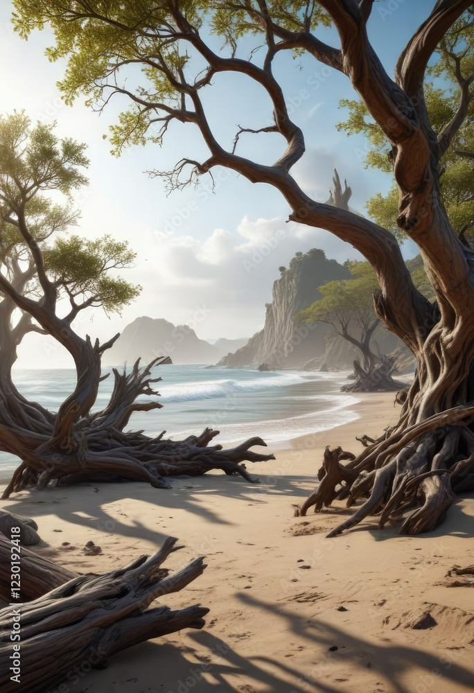 Seashore landscape with gnarled tree trunks and twisted branches, gnarled, nature, seaside Seashore landscape with gnarled tree trunks and twisted branches, gnarled, nature, seaside