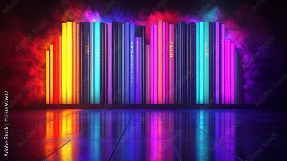 Fototapeta premium Neon Bookshelf: A vibrant display of knowledge illuminated in a mystical atmosphere