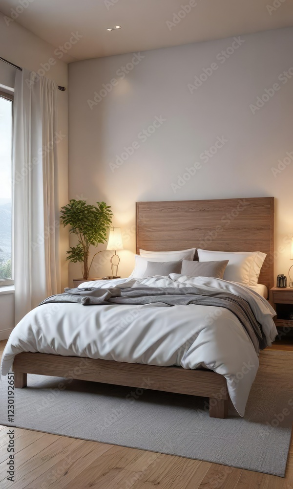 Fototapeta premium Serene and inviting bedroom with a cooling treat, serene ambiance, soothing coolness, comfortable bed