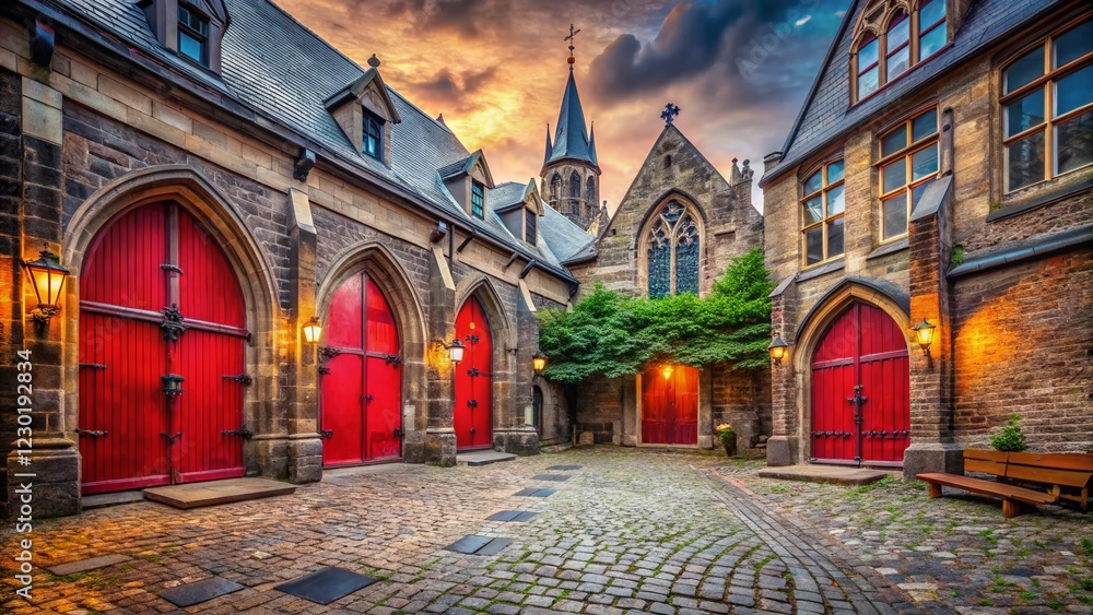 Obraz premium Gothic Church Courtyard: Red Doors & Cobblestone Wide Angle
