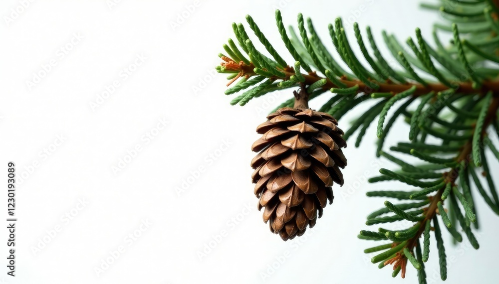 Fir branch with a single large pinecone isolated on white background, holiday, evergreen Fir branch with a single large pinecone isolated on white background, holiday, evergreen