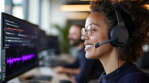 Modern Tech Empowerment Young Professional Using Noise-Cancelling Headset in Open Office Space - Enhancing Productivity and Collaboration in Digital Work Environments photo