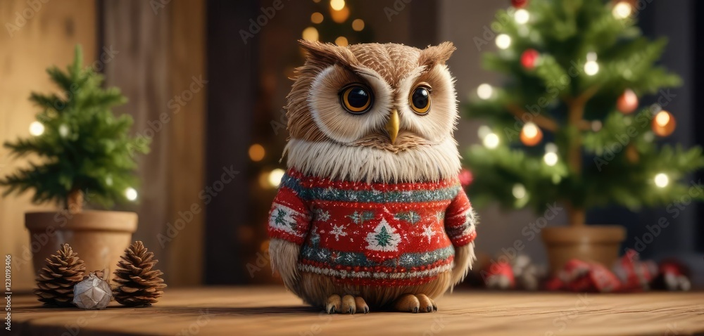Fototapeta premium Owl in sweater with small potted Christmas tree on a wooden table, gift, sweater