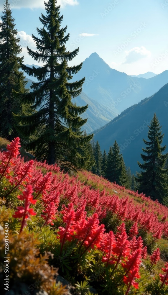 Fototapeta premium Fireweed and spruce tree combination in autumn landscape, trees, blooms, autumn