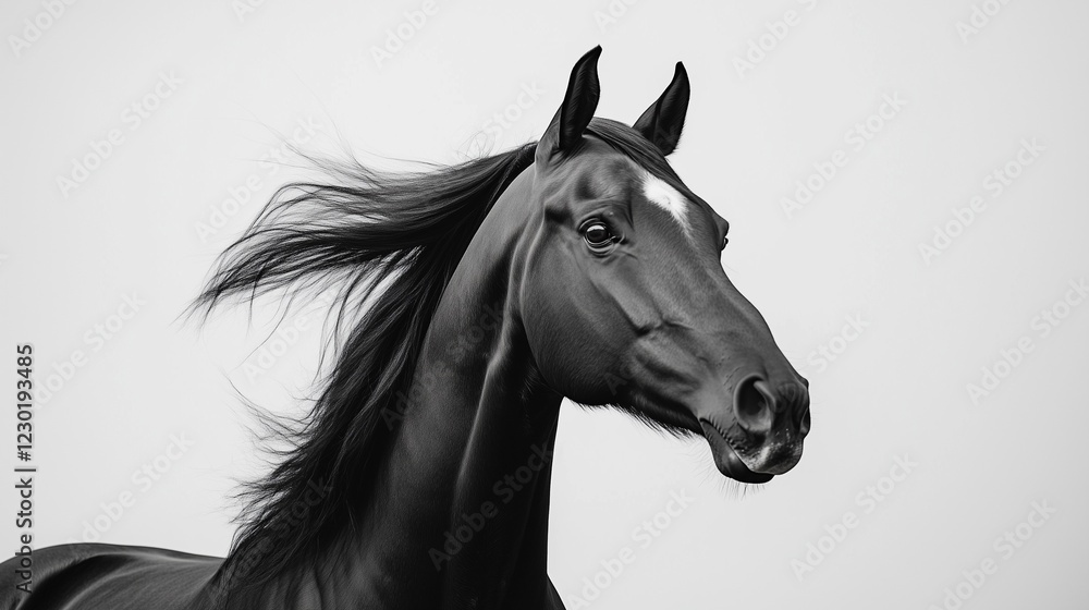 Black Arabian horse with flowing mane in black and white. Black Arabian horse with flowing mane in black and white.