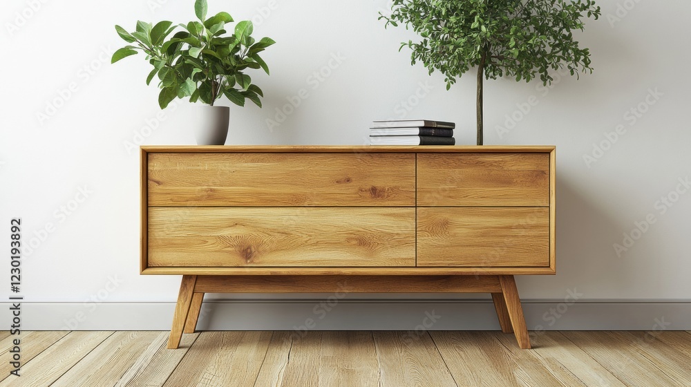 Modern Wooden Sideboard with Green Plants in Minimalist Interior Modern Wooden Sideboard with Green Plants in Minimalist Interior