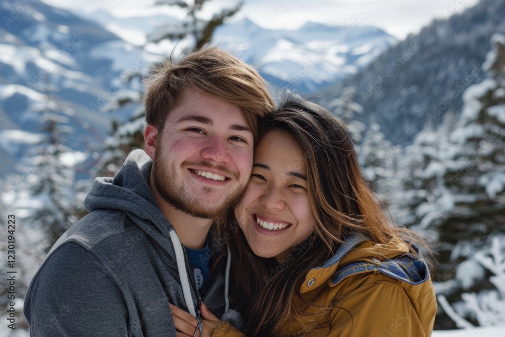 Portrait of a smiling multicultural couple in their 20s wearing a zip-up fleece hoodie isolated in pristine snowy mountain Portrait of a smiling multicultural couple in their 20s wearing a zip-up fleece hoodie isolated in pristine snowy mountain