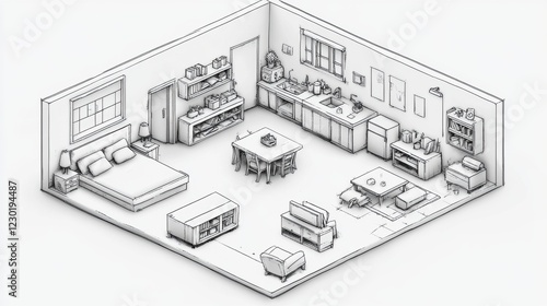 Detailed Isometric Illustration of Minimalist Living Space Interior